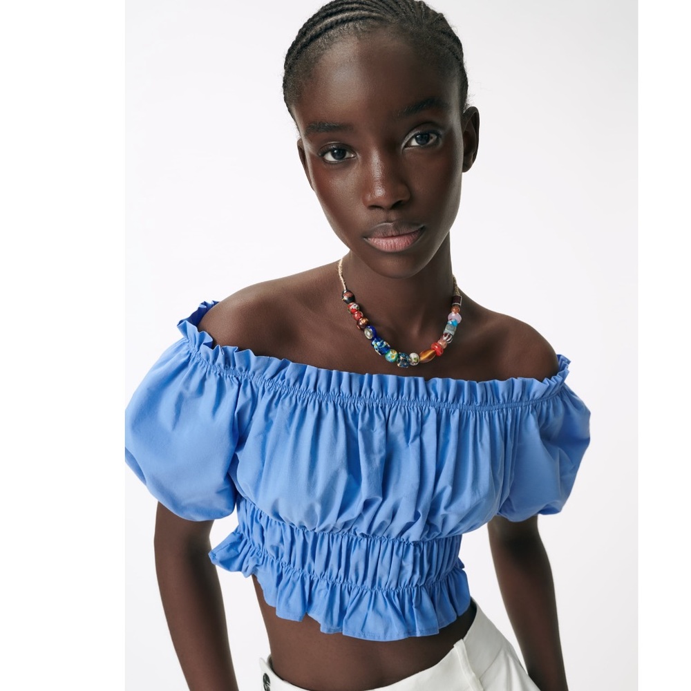 Zara Blue off the shoulder Cotton poplin top